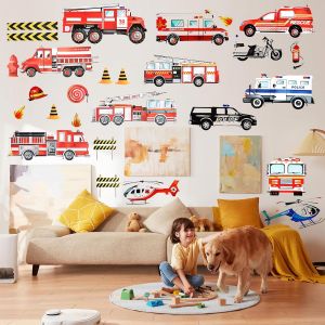 Lot De 4 Stickers Muraux Motif Pompiers Pour Chambre D'enfant Garçon - Motif Pompiers 30 X 20 Cm Stickers Muraux Camion De Pompiers Voiture Autocollant Mural Transport Voitures Véhicules Décoration - Neuf
