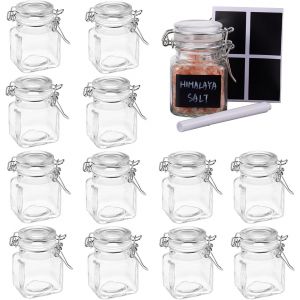 Mevronisshop-Oak & Steel - 12 Mini Pots À Épices En Verre Hermétique, Petits Bocaux En Verre Avec Clip, 24 Étiquettes & Stylos À Craie (100ml) - Solide & Pratique - Rangement Épices De Cuisine - Neuf
