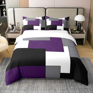 Sjzg-Housse De Couette Gris Violet Blanc Noir, Parure De Lit 140x200 Coton G&eacute;om&eacute;trique Pour Ado Garcon, Housse Couette &Agrave; Rayures G&eacute;om&eacute;triques, Ensemble De Literie De Style Moderne, Doux - Neuf