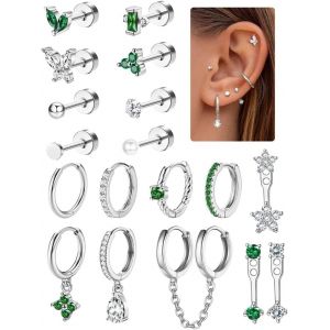 18pcs Lot Boucles D'oreilles Femme Acier Inoxydable - Oreille Piercing Tragus Or Argent Cartilage Creoles Piercing Conch Oreille Piercing Helix (Pi&egrave;ces Uniques, Non Par Paires) - Neuf