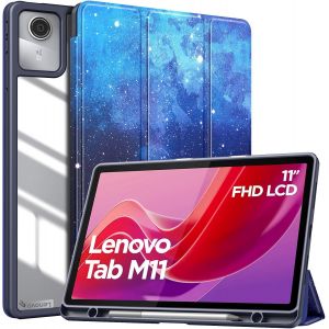 Coque pour Lenovo Tab M11 2024 (TB330FU/TB330XU)11"" avec Porte-stylo, &Eacute;tui Ultra-mince Trifold &agrave; Support Auto R&eacute;veil/Veille, Housse Protection avec Dos Transparent pour Lenovo Tab M11,&Eacute;toileBleue - Neuf