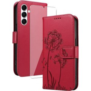 Sansh-Coque Portefeuille Compatible Avec Samsung Galaxy A16 5g Avec 1 Pièce Protection Écran En Verre Trempé, Pu Cuir Housse, Support Et À Rabat Flip Étui - Rouge - Neuf
