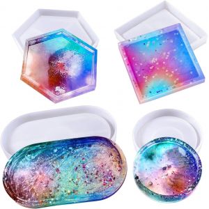 4 R&eacute;sine Moules En Silicone, Epoxy R&eacute;sine Moules Diy Effacer Silicone R&eacute;sine &Eacute;poxy, Moules B&eacute;ton Pl&acirc;tre Artisanat Plateau Art Pour Coaster, Plateau, Savon Bijoux, Beton Decoratif - Neuf