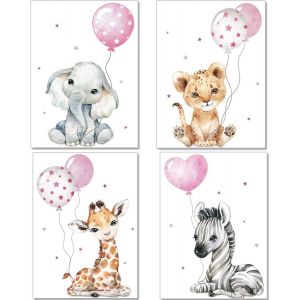 ERYI-® P64 Posters Décoratifs Pour Chambre D'Enfant (Fille) - Motif Animaux De La Jungle + Ballon Gonflable - Gris/Rose - Neuf