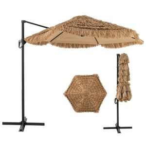 Parasol De Patio D&eacute;port&eacute; 283 X 245 Cm Protection Solaire Ventilation Am&eacute;lior&eacute;e Style Hawa&iuml;en En Chaume Pp Naturel Helloshop26 20_0009905 - Neuf
