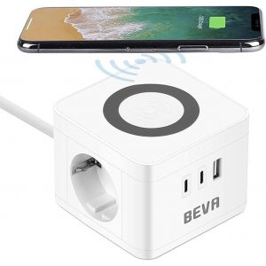 Cube Multiprise avec USB C + Charge sans Fil 10W, 6 en 1 Multiprise avec Interrupteur + 2 Prises + 2 USB C+1 USB A, 2500W/10A Cube Prise Multiple pour Maison Cuisine Bureau, Cable 1.5m, Blanc - Neuf