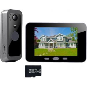 KALANKA-Interphone vid&eacute;o sonnette sans fil avec &eacute;cran de 4,3 pouces, judas interphone cam&eacute;ra 1080p avec carte m&eacute;moire 32 Go, d&eacute;tection de mouvement, audio bidirectionnel, &eacute;tanche, IP65. - Neuf