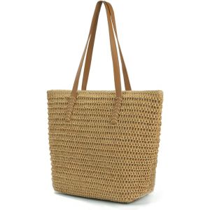 TIANYI-Sac de plage en paille pour femme - Grand sac en paille avec fermeture éclair - Sac tissé rétro d'été - Sac à main - Sac à main - Sac à main - Style bohème décontracté - Pour la plage, la - Neuf
