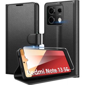KAL-Coque Pour Xiaomi Redmi Note 13 5G + 1 Verre Tremp&eacute; Protection &Eacute;cran,Housse Premium En Cuir PuFentes Pour CartesPochette De Portefeuille,Etui &Agrave; Rabat Pour Redmi Note 13 - Noir - Neuf