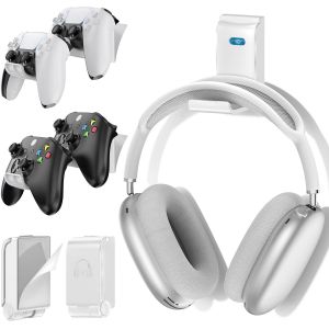 Support de Manette et Casque, Support Universel Murale pour Manettes Xbox/PS5/PS4/Nintendo Switch, Organisateur de 4 Accessoires Gaming avec Porte-Casque PliableBlanc, 2 Paquets - Neuf