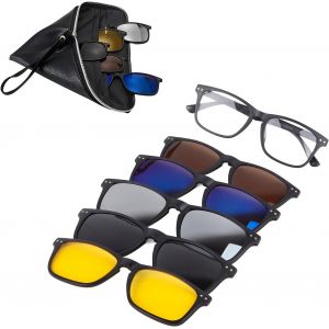 Clip Magnétique Sur Lunettes De Soleil Avec 5 Clips Interchangeables, Lunettes Rectangulaires Tr Rétro A Clip Sur Lunettes De Conduite De Nuit Pour Hommes Et Femmes - Neuf
