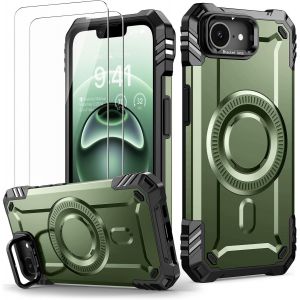 Kalanka-Coque Pour Iphone 16e Avec 2 Verre Trempé Pour Magsafe, Magnétique Antichoc Militaire Protection, Support Anneau Pour Caméra Renforcée Housse, Vert - Neuf