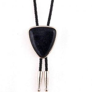 Cravate Bolo En Denim Noir Et Onyx Naturel, Cordon En Cuir Authentique Et Strass - Neuf