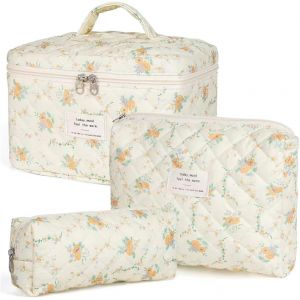 Lot De 3 Trousses De Maquillage Pour Femme - Trousse De Toilette Matelass&eacute;e Avec Motif Floral - Avec Poign&eacute;e - Pour Fille, Jaune, Motif Floral Moderne - Neuf