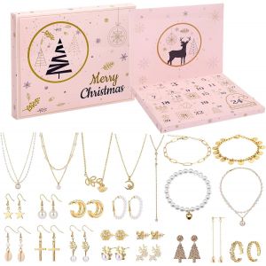 Trahoo-Calendrier De L'avent 2025 Bijoux De No&euml;l 24 Surprises Calendrier De L'avent Bijoux Coffret Boucles D'oreilles Colliers Bracelets Bagues En Alliage Cadeau Diy Femmes Filles Ado - Or - Neuf