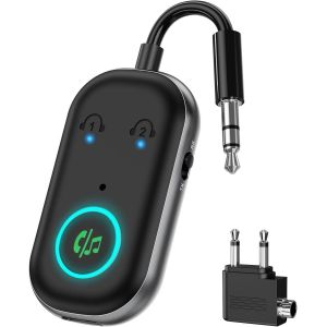 MEVRONISSHOP-Adaptateur Bluetooth 5.3, Transmetteur pour Avion TV vers 2 &Eacute;couteurs Low Lantency, 2 en 1 R&eacute;cepteur &Eacute;metteur Bluetooth AUX Jack 3,5mm pour TV, Cha&icirc;ne St&eacute;r&eacute;o, Casque, Syst&egrave;me Autoradio - Neuf
