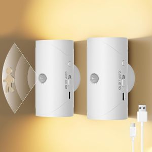 Lot De 2 Veilleuses Magnétiques Avec Détecteur De Mouvement,Luminosité Réglable,Blanc Chaud 3000 K,Led,Économe En Énergie,Polyvalentes,Pour Chambre À Coucher,Cuisine,Couloir (Blanc) - Neuf