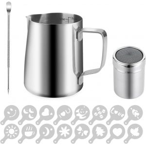 Kal-Ml (12oz) Pichet À Lait En Acier Inoxydable 304 Avec Repère De Mesure -Latte Art Pen -Saupoudreur De Cacao -Pochoirs, Milk Jug Pichet À Mousse Pour Faire Du Café Cappuccino - Neuf