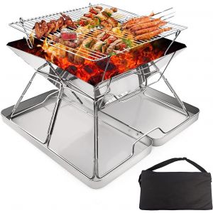 Ulteronixshop-Foyer en Acier Inoxydable, Grille de Barbecue Pliable Foyer de Feu de Camp Portable Barbecue au Charbon de Bois Relevable pour Camping Pique-Nique Jardin - avec Bo&icirc;te en Fer, Sac de Tra - Neuf