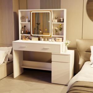 SUBZONAL-Coiffeuse LED 10 Boules & Miroir Magnifiant - 3C/10Niv Lumi&egrave;re Tactile, Table de Maquillage 4 Tiroirs, 6 Cases, 10 Crochets, Bureau Vanit&eacute; Moderne pour Chambre, Blanc - Neuf