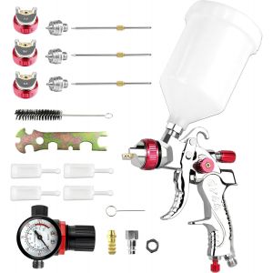 MEVRONISSHOP-HVLP Pistolet &agrave; peinture - 1,4 mm, 1,7 mm, 2,0 mm, 3 buses avec gobelet en plastique de 600 cc - Syst&egrave;me de pulv&eacute;risation de peinture professionnel pour v&eacute;hicule - Avec r&eacute;gulateur de pre - Neuf