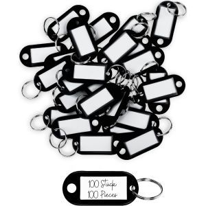 KALANKA-Porte Cl&eacute; Etiquette - 100 pi&egrave;ces - Porte Cle avec Etiquettes en Plastique R&eacute;sistant - Porte Clef Color&eacute;s pour Organisation Voyages Animaux Domestiques - Noir - Neuf