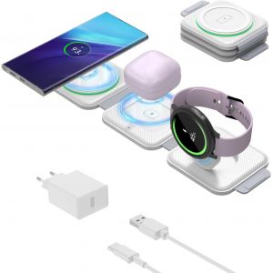 Chargeur Induction Pliable Pour Samsung, 3 En 1 Station De Charge Pour Samsung S25/S24/S23/S22/Zflip/Fold, Chargeur Sans Fil Pour Galaxy Watch 7/6/5/4, Wireless Charger Pour Galaxy Buds-Blanc - Neuf