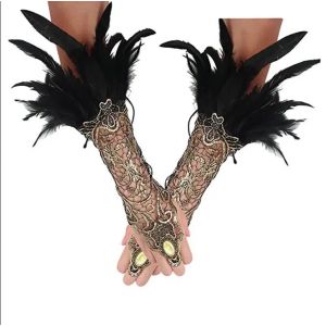 2pcs Femme Gothique Plume, Des Gants En Dentelle Mitaines Bracelet Noir Pour Halloween Mariage Soirée¿Vintage Dentelle Or Plume Dames De Bracelet De Bras De La Chaîne Des Gants - Neuf