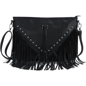 nzqaf-Sac à bandoulière à Pampilles pour Femme Synthétique Sac à Pompon avec Rivet Mode Sacs portés épaule Franges pour Filles(Noir avec Rivet) - Neuf