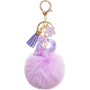 KAL-Moderne Porte-Cl&eacute;s Violet Boule De Poils Gland Pour Fille Porte Clef Avec Lettre Porte-Cl&eacute;s Fille Initiale Cadeau Femmes Porte-Cl&eacute;s Or Porte Cl&eacute; A-Z - Neuf