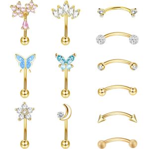 12 Pi&egrave;ces Piercing Sourcil, Piercing Barre Courbe, Bijoux Piercing Rook, Barbell Piercing Oreille, Piercing Rook Fleur Coeur Lune, Daith Piercing Oreille Pour Femme Filles Homme 16g 8mm - Neuf