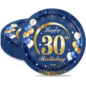 16 Pièces Assiette Pour Fête Anniversaire 30 Ans,9 Pouces/23cm Bleu Or Papier Assiette Dessert Plateau Vaisselle Pour Décoration Anniversaire 30 Ans Homme Femme - Neuf