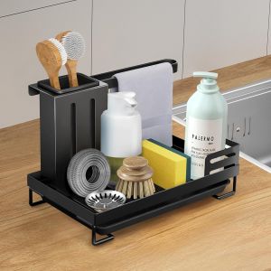 Eryi-Organisateur Evier Cuisine,Sink Caddy Kitchen Organizer, Porte-Éponge, Porte-Liquide Vaisselle, Porte-Serviettes Avec Égouttoir, Acier Au Carbone, Noir - Neuf