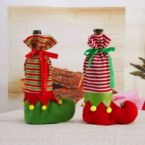 2PCS D&eacute;coration de No&euml;l Sac Elfe de D&eacute;marrage des Bonbons Vacances de No&euml;l Bouteille de Vin de No&euml;l Poche, Vert+Rouge, Taille unique - Neuf
