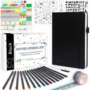 Kit de journal &agrave; pois, format A5 avec 224 pages noires, stylos fineliner, pochoirs s, feuilles autocollantes, ruban washi, stylo noir pour agenda, planning, dessin&iquest; - Neuf