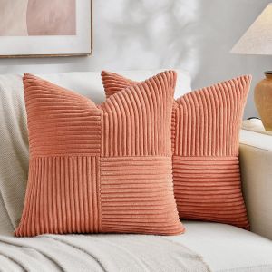 CAUC-Lot de 2 Housses de Coussin d&eacute;coratives en Velours c&ocirc;tel&eacute; Doux pour Salon, canap&eacute;, lit, Style Rustique et boh&egrave;me, pour d&eacute;coration d'int&eacute;rieur, 45 x 45 cm, Corail - Neuf
