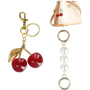 Loc-Porte Clé Cerise Avec Chaîne Extension Perlée, Breloque De Sac À Main En Forme De Cerise, Purse Pendant, Accessoire De Décoration Pour Femmes Et Filles - Neuf