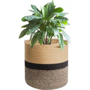 ASFASFq-Grand Pot de Fleurs Tressé, Cache Pot Plante Interieur, Panier à Plantes en Corde de Coton pour décoration Intérieure, Panier de Rangement pour Jouets, Vêtements - Diamètre 25cm (Jaune+Noir) - Neuf