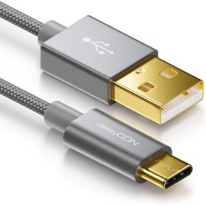 JGD-2m C&acirc;ble USB-C - C&acirc;ble de Charge & Donn&eacute;es - Nylon + Connecteur M&eacute;tallique - C vers A - Compatible avec Apple Samsung Google Huawei Xiaomi Tablet Laptop PC - Gris - Neuf