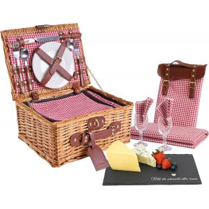 Ulteronixshop-Panier de Pique-Nique en Osier personnalis&eacute; pour 2 Personnes, avec Compartiment Isotherme, Nappe, Planche en Ardoise, Sac, Serviettes &iquest; C&eacute;ramique, Verre, Acier INOX | Rouge - Neuf