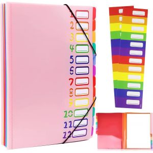 Chemise A4 12 compartiments - Cartable en polypropyl&iquest;&iquest;ne imperm&iquest;&iquest;able avec fermeture &iquest;&iquest;clair & &iquest;&iquest;tiquettes color&iquest;&iquest;es - Organisateur portable pour &iquest;&iquest;cole/bureau- Rose - Neuf