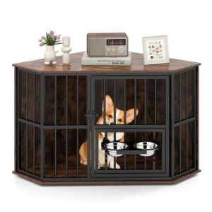 Costway Maison Cage D'angle Pour Animaux Avec Mangeoire Réglable, 2 Gamelles En Acier Inoxydable, Pieds Réglables, Pour Chien Chat - Neuf