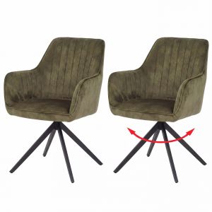 Lot de 2 chaises de salle &agrave; manger HWC-L79, chaises de cuisine avec accoudoirs pivotants et m&eacute;canisme de retour automatique, velours 440 g/m&sup2;aspect daim, vert olive - Neuf