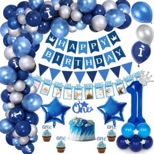 ChicSlick-1Er Anniversaire Décorations Garçons Avec Banderole Photo Bébé 1-12 Mois Photo, Bleu Happy Birthday Balloons, Ballons Confettis Latex Fournitures De Anniversaire 1An Fille Décorati[X1681] - Neuf