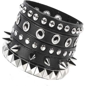 Kal-3pcs Bracelet Avec Rivet Spike Rock Steampunk Thème Des Années 80 Noir Homme Femme Ajustable - Neuf