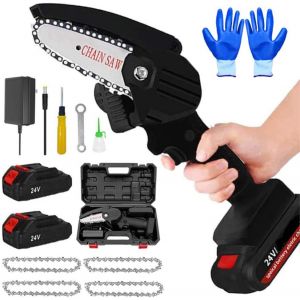 CHECARZHN--NO1-Mini Tronçonneuse À Batterie Et Portable, Avec Chaîne De 10,2 Cm, 24 V, 500 W, 2 Batteries Et 4 Chaînes Pour Élaguer, Couper Du Bois, Des Branches, Un Arbre, Une Haie, Noir - Neuf