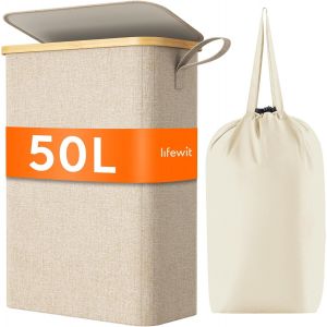 Panier à Linge Extra Plat 50L, Paniere a Linge Sale avec Couvercle, Corbeille a Linge Bambou avec Sac Amovible et Poignée, Bac Linge Etroit pour Chambre, Salle de Bain, Buanderie, Gris - Neuf