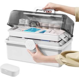 Tianyi-Boîte Rangement Médicament À 3 Niveaux, Organisateur Médicament Rangement En Plastique, Boîte Conservation Médicaments Avec Bouton Rotatif, Pour Armoire Placard Maison Voyage, 29x16x15.7 Cm - Neuf