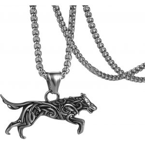 Kal-Collier Homme Viking Loup: Pendentif Homme Acier Inoxydable Argent&eacute; Avec Cha&icirc;ne Belcher Collier Nordique Style Punk - Cadeau Anniversaire Et F&ecirc;te Des P&egrave;res - Neuf