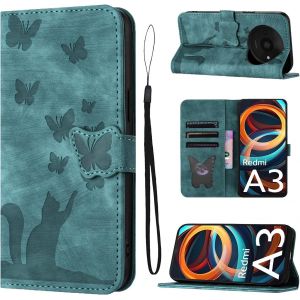 Kal-Housse Protection Pour Xiaomi Redmi A3 6.71 Pouces Mat&eacute;riau En Cuir Pu Coque Xiaomi Redmi A3 Avec Fentes Pour Cartes &Eacute;tui Motif Papillon Chat Vert - Neuf
